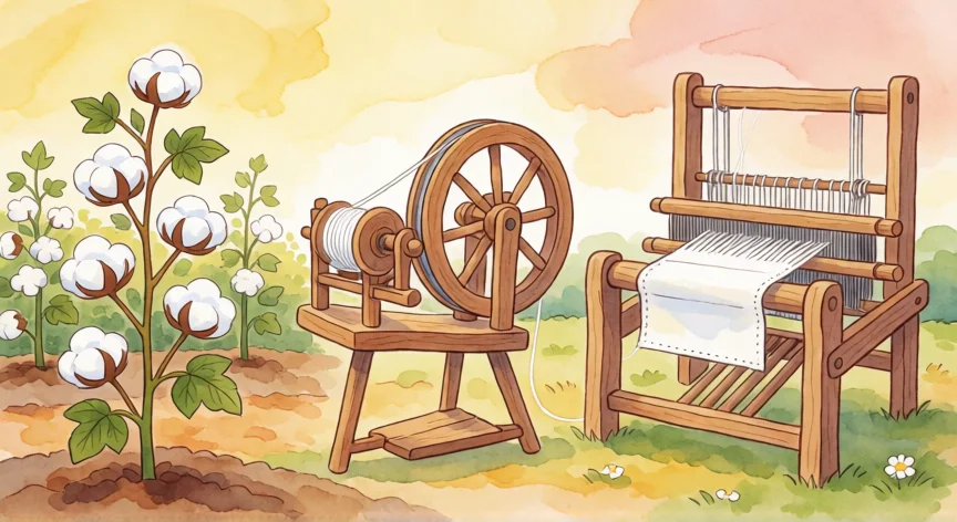 Ilustración infantil del proceso de fabricación de tela: algodón, hilado y tejido en un telar
