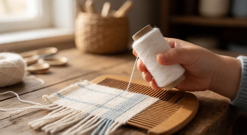 como se fabrica la tela explicacion para niños, Manos de un niño sosteniendo hilo de algodón e hilos en un telar artesanal sobre una mesa de madera