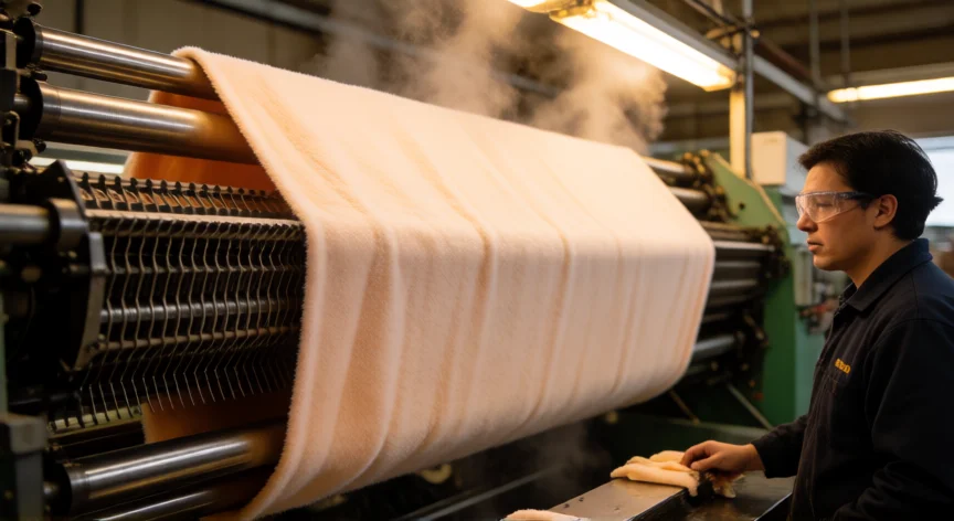 como se fabrica la tela polar, Máquina de punto circular produciendo un tubo continuo de tela polar en una fábrica textil