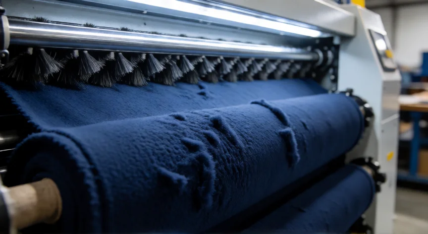como se fabrica la tela polar, Rodillos de perchado erizando la superficie de un rollo de polar azul marino en fábrica