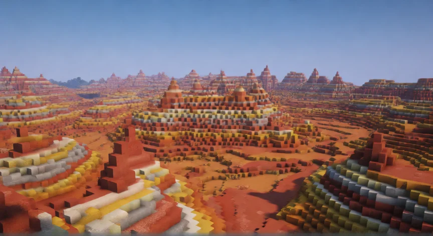 como se fabrica la terracota en minecraft, Bioma de tierras baldías con capas de terracota multicolor
