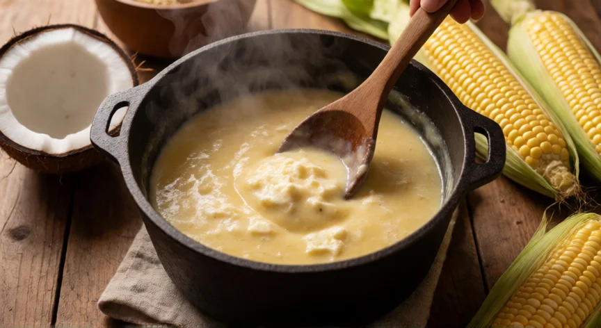 cómo se fabrica la tutuca, Tutuca cremosa en caldero de hierro con queso fundido y mazorcas de maíz al lado