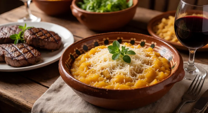 cómo se fabrica la tutuca, Tutuca servida en bowl de barro acompañada de churrasco en mesa familiar