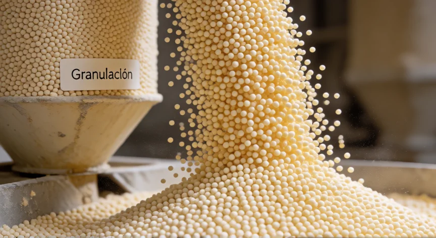 como se fabrica la urea para fertilizantes, Gránulos de urea cayendo en una torre de granulación