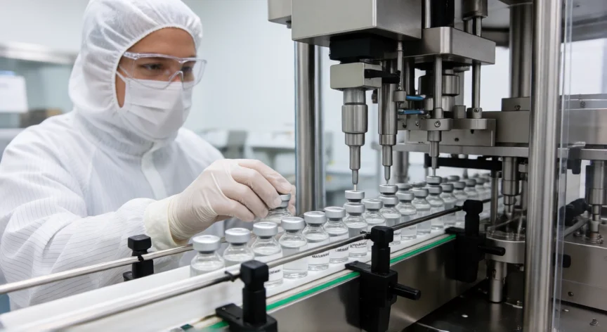 como se fabrica la vacuna de la gripe, Línea automatizada de envasado de viales de vacuna antigripal en sala limpia
