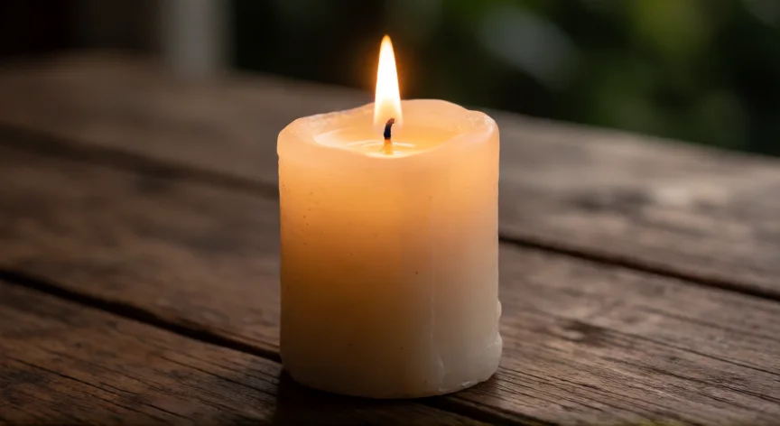 como se fabrica la vela, Vela de parafina encendida con llama cálida sobre mesa de madera