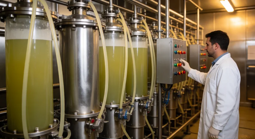 como se fabrica la whey protein, Planta industrial de filtración por membranas procesando suero de leche