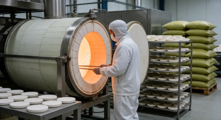 como se fabrica la zirconia, Interior de horno de sinterizado de zirconia en planta cerámica industrial