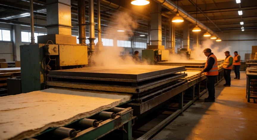 como se fabrica madera mdf, Interior de una fábrica de MDF con prensa en caliente y mantel de fibras en proceso