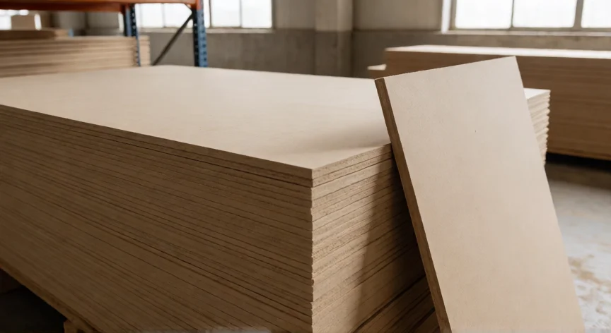 como se fabrica madera mdf, Panel de MDF terminado mostrando superficie lisa y corte homogéneo sin vetas