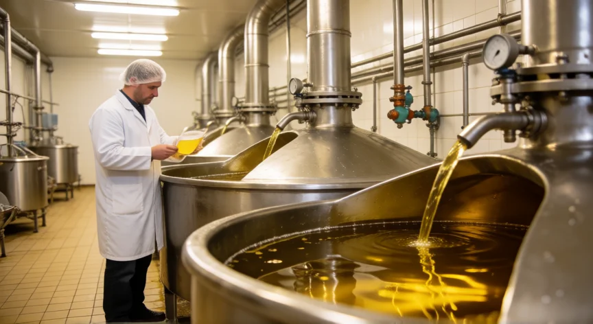 como se fabrica margarina, Planta industrial de producción de margarina con depósitos de aceite vegetal