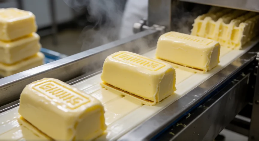 como se fabrica margarina, Barras de margarina en la banda de envasado de una fábrica