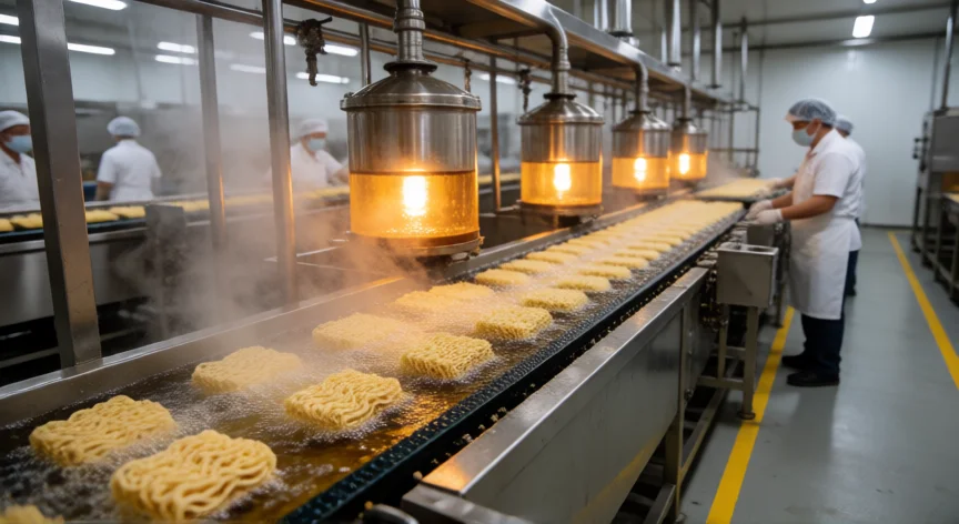 como se fabrica maruchan, Línea de fritura industrial de fideos instantáneos Maruchan en fábrica