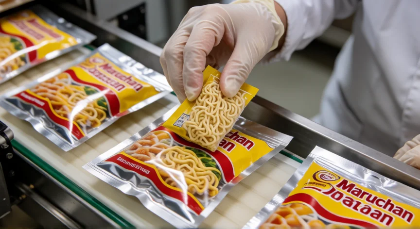 como se fabrica maruchan, Envasado automático de bolsas de fideos Maruchan con sobre de condimento