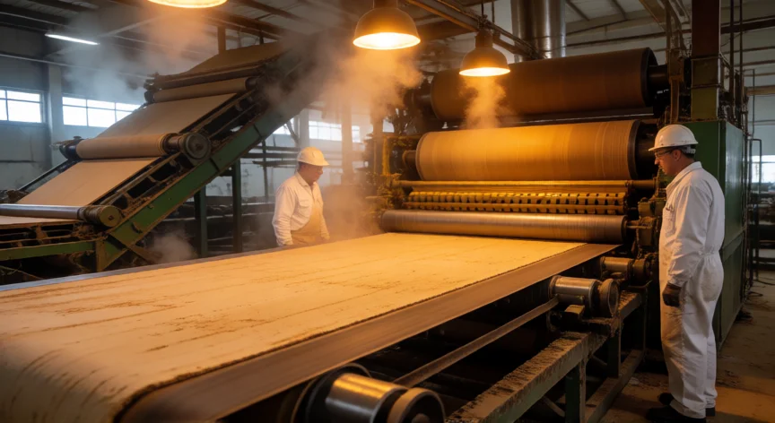 como se fabrica mdf, Línea de prensado en continuo en una fábrica de tableros MDF con toponcino de fibras de madera.