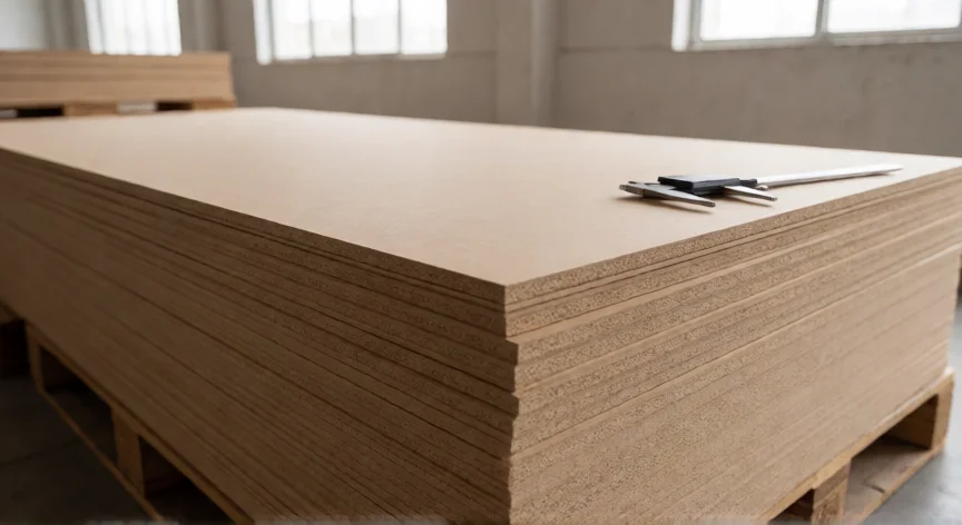 como se fabrica mdf, Pila de tableros MDF recién fabricados mostrando su superficie lisa y sección homogénea.