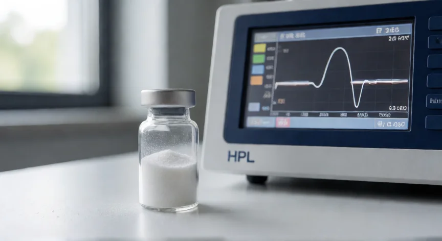 como se fabrica melatonina, Muestra cristalina de melatonina junto a un cromatógrafo HPLC en control de calidad
