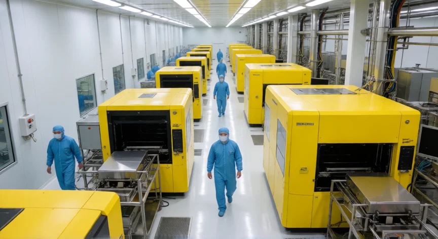 como se fabrica memoria ram, Interior de una sala limpia de fabricación de chips semiconductores con herramientas de litografía EUV
