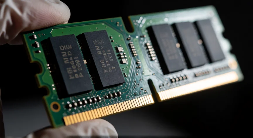 como se fabrica memoria ram, Módulo de memoria RAM DIMM con chips DRAM soldados en placa PCB y contactos dorados