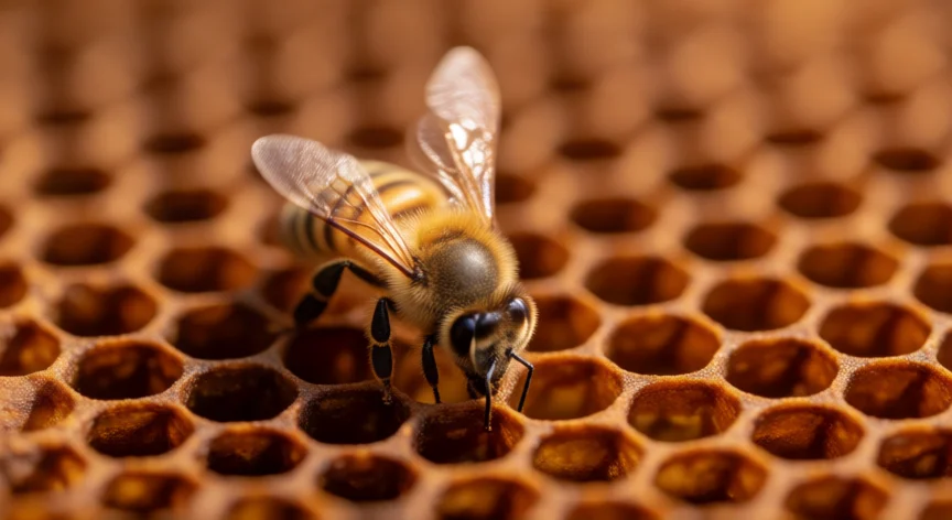 como se fabrica miel, Abeja depositando néctar en una celda hexagonal del panal de cera