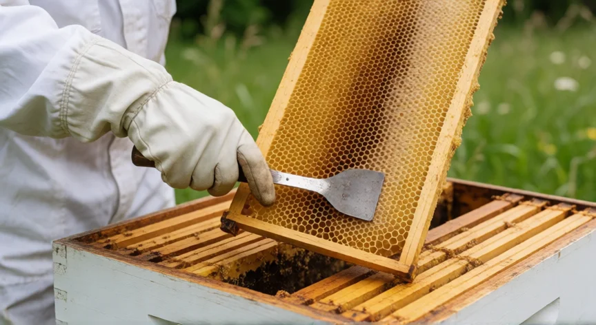 como se fabrica miel, Apicultor extrayendo un marco de miel del colmenar con herramienta metálica