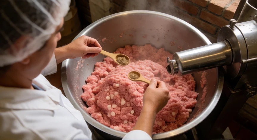 como se fabrica mortadela, Proceso de batido de la masa de mortadela con dados de grasa en taller artesano