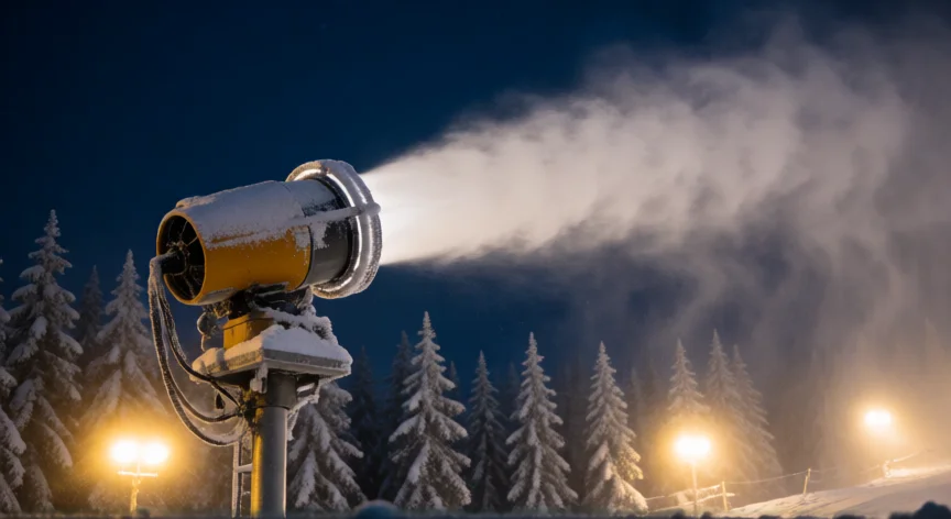como se fabrica nieve, Cañón de nieve artificial disparando en una estación de esquí nocturna