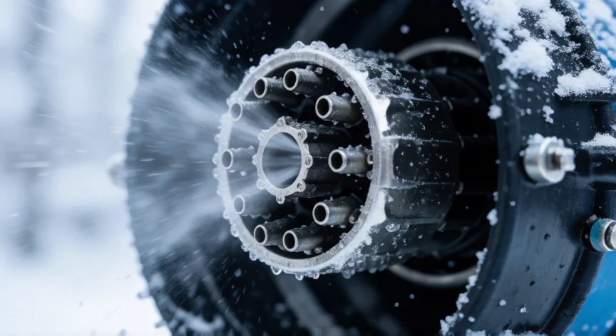 como se fabrica nieve, Detalle macro de la boquilla atomizadora de una máquina de nieve con cristales de hielo
