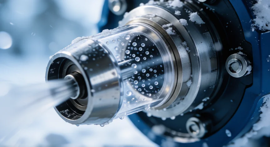 como se fabrica nieve artificial, Esquema de pulverización del agua y aire en la boquilla del cañón