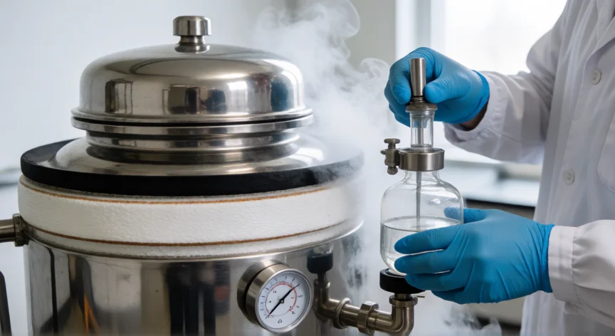 como se fabrica nitrogeno liquido, Técnico extrayendo nitrógeno líquido de un tanque criogénico en un laboratorio