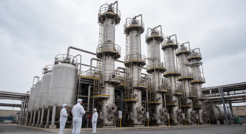 como se fabrica oxigeno, Planta industrial de separación criogénica del aire con columnas de destilación y tanques de oxígeno líquido