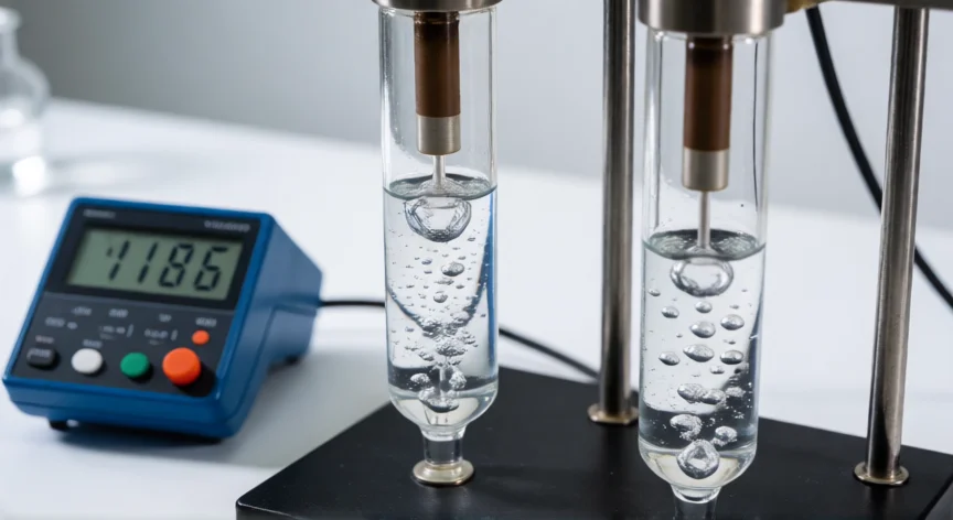 como se fabrica oxigeno, Electrólisis del agua en laboratorio con burbujas de oxígeno y hidrógeno en los electrodos