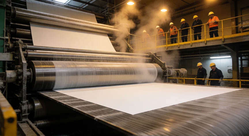 como se fabrica papel, Sección formadora de una máquina de papel industrial con la lámina húmeda sobre el alambre