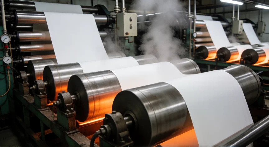 como se fabrica papel, Cilindros calefactados de secado del papel en una fábrica con vapor ascendente