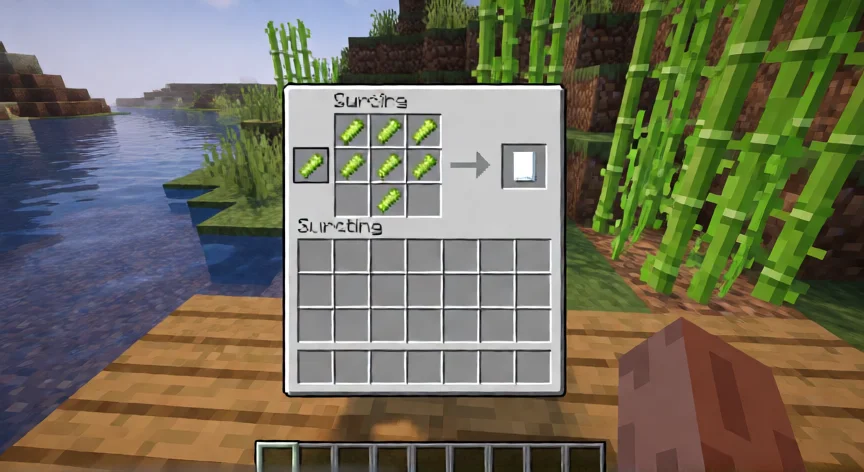 como se fabrica papel en minecraft, Cuadrícula de crafting de Minecraft con 3 cañas de azúcar en fila para fabricar papel