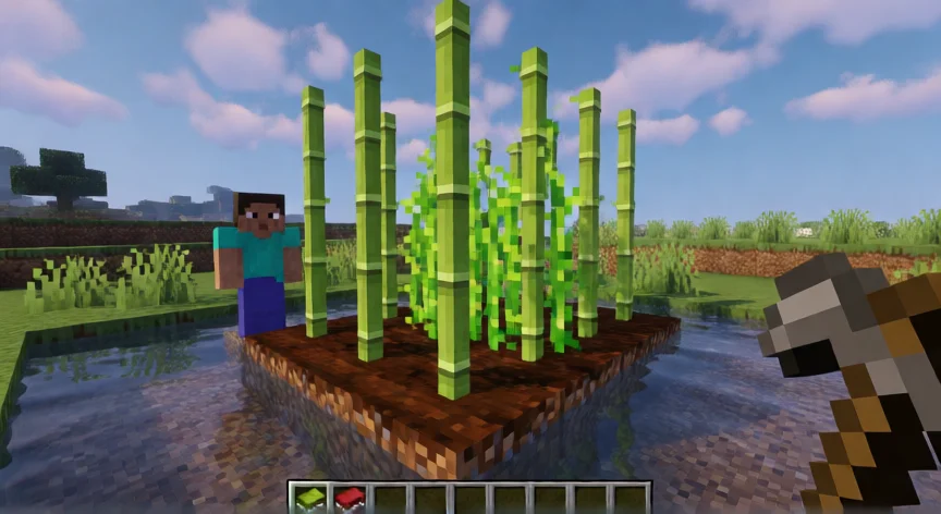 como se fabrica papel en minecraft, Granja de caña de azúcar en Minecraft rodeada de agua para producción continua de papel
