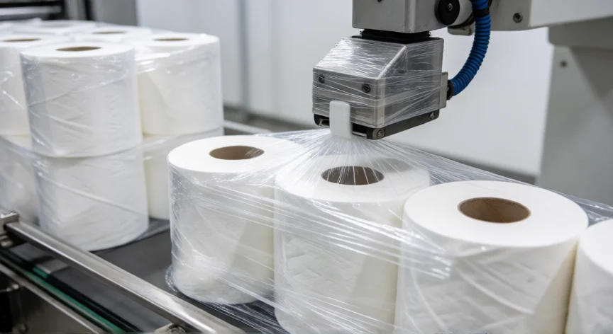 como se fabrica papel higienico, Línea de envasado automático de rollos de papel higiénico en fábrica