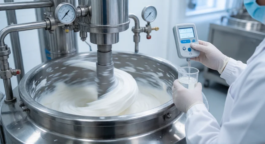 como se fabrica pasta dental, Reactor industrial de acero inoxidable mezclando pasta dental en planta de fabricación