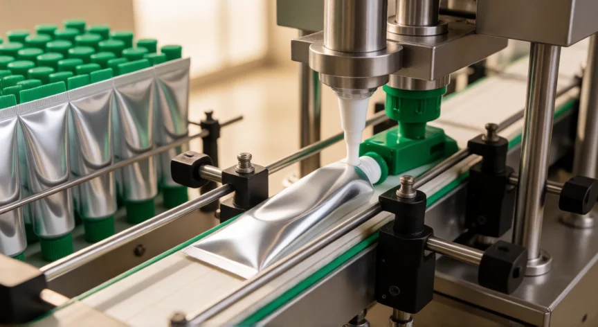 como se fabrica pasta dental, Línea automática de envasado de tubos de pasta dental con llenadora y selladora