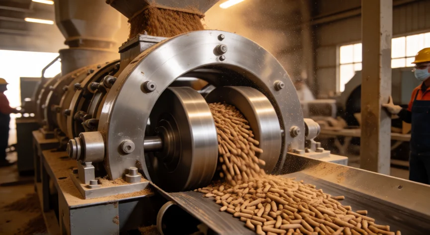 como se fabrica pellet, Máquina de pelletización con anillo de matriz y rodillos compactando aserrín en pellets de madera