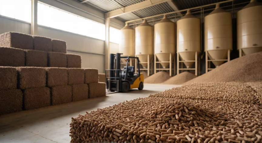 como se fabrica pellet, Almacén de pellets de madera con silos y bultos apilados listos para distribución