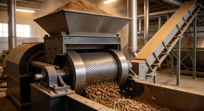como se fabrica pellet de madera, Interior de una planta de fabricación de pellet con pellettera de anillo en funcionamiento