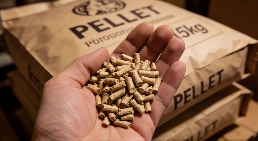como se fabrica pellet de madera, Pellets de madera de calidad en la mano con bolsas de 15 kg al fondo