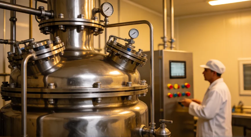 como se fabrica penicilina, Bioreactor industrial de fermentación para producción de penicilina en planta farmacéutica