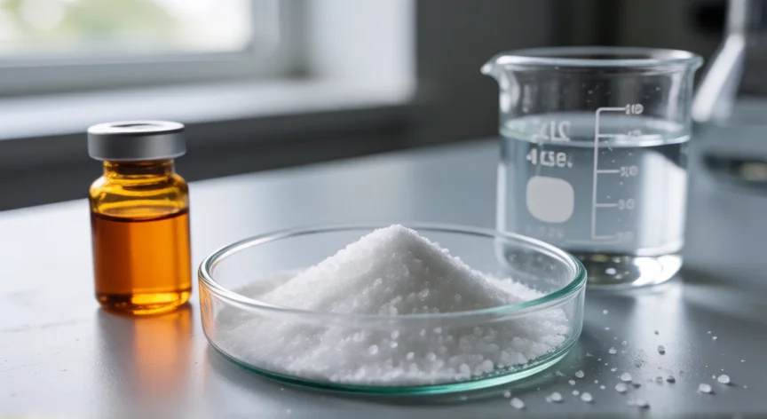 como se fabrica penicilina, Cristales de penicilina G puros tras el proceso de cristalización en laboratorio farmacéutico