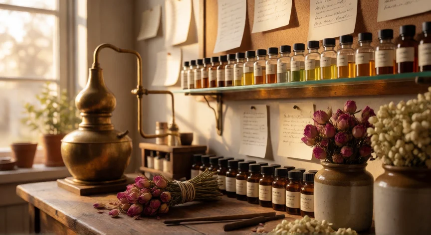 como se fabrica perfumes, Taller de perfumería con alambique, frascos de esencias y flores secas sobre mesa de madera.