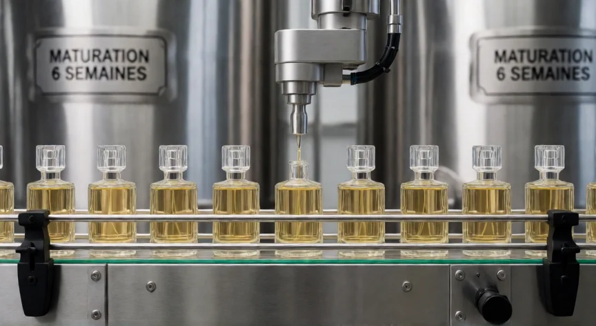 como se fabrica perfumes, Línea de envasado de perfumes en fábrica con frascos de cristal y depósito de maceración.