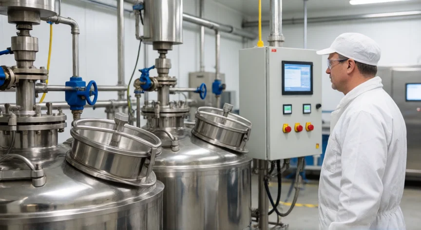 como se fabrica pintura, Interior de una fábrica de pintura con tanques industriales de mezcla