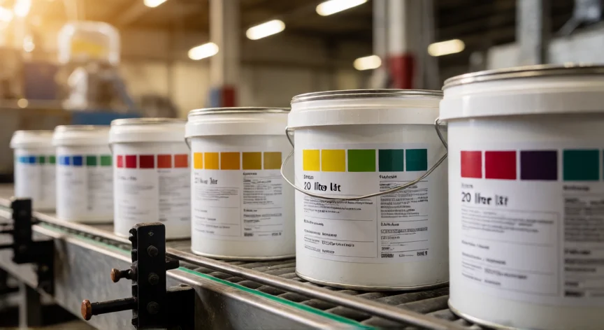 como se fabrica pintura, Latas de pintura de distintos tamaños en línea de envasado industrial