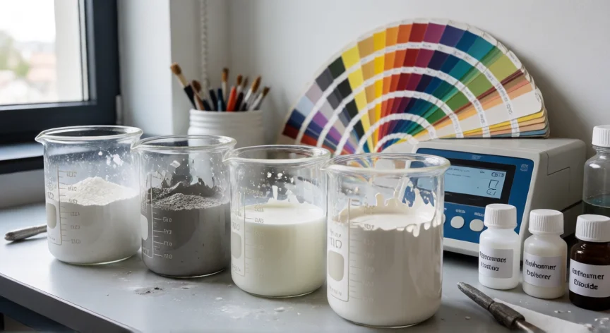 como se fabrica pintura latex, Banco de laboratorio con muestras de ingredientes y formularios de pintura látex